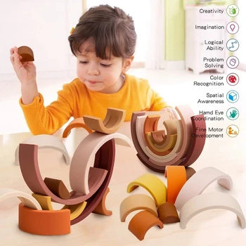 1set Silikonski Baby Velika Mavrica Stacker Zlaganje Igrače Tehnika gradniki Montessori Izobraževalne Igrače DIY Ustvarjalne Zlaganje