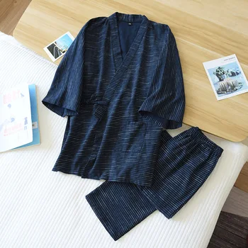 Priložnostne Prugasta črno beli Japonski bombaž kimono plašči moške pižame določa preprost, kratek rokav, kopalni Plašči moške plus velikost