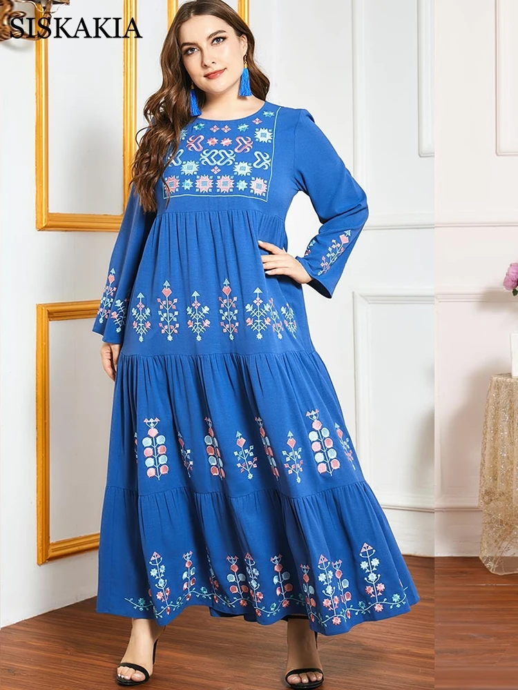 Siskakia Etnične Vezenje Maxi Obleke za Ženske, Modro O Vratu Dolg Rokav Udobno Indie Folk Muslimanskih Oman arabski Oblačila Eid