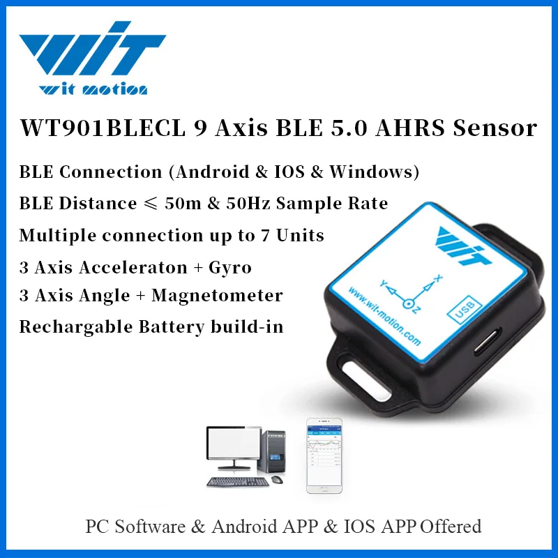 WitMotion Bluetooth BLE 5.0 Nizko porabo 9 Os Senzor WT901BLECL Kota + Pospešek + Žiro + Mag MPU9250 na PC/Android