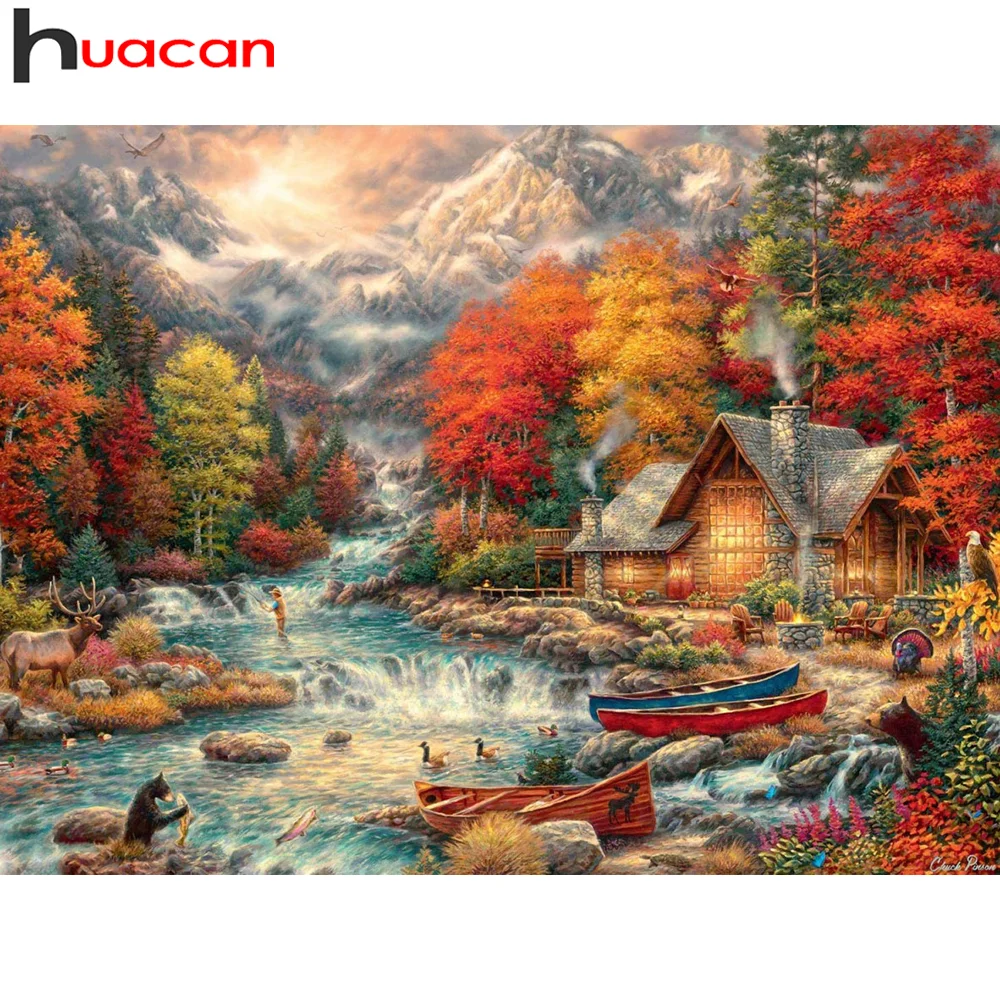 Huacan Diamond Slikarstvo Kit Naravna Rečna Pokrajina Mozaik Jeseni Gozdna Krajina Vezenje Doma Dekor