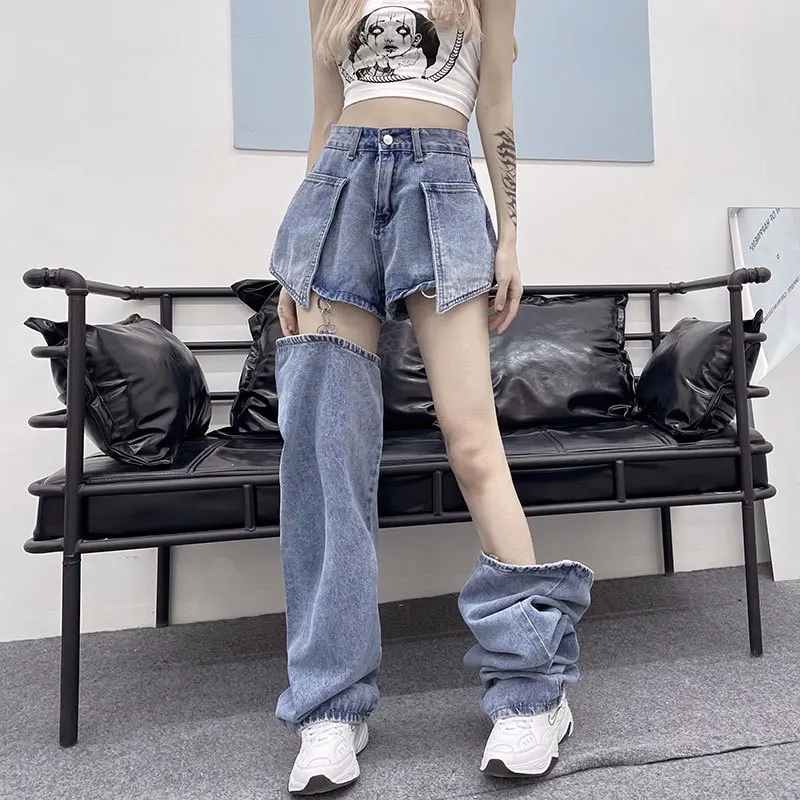 Nov poletni ins Harajuku slog high street votlih osebnost snemljiv jeans hlače ženske široko noge hlače modne ženske
