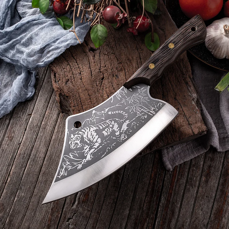 Ročno Kitajski Kuhinjski Noži Mesa Cleaver Tiger Vzorec Visoko Ogljikovega Jekla, Kuhinja Chopper Kuhar Seseklja Kosti Nož Kuhar Nož