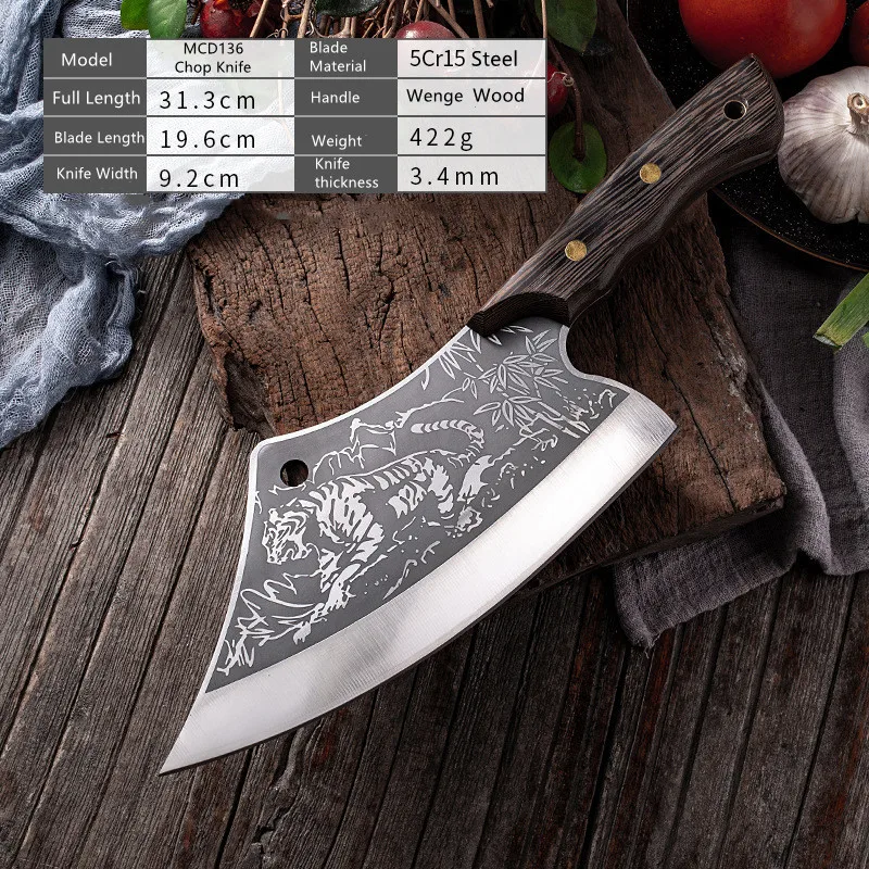 Ročno Kitajski Kuhinjski Noži Mesa Cleaver Tiger Vzorec Visoko Ogljikovega Jekla, Kuhinja Chopper Kuhar Seseklja Kosti Nož Kuhar Nož