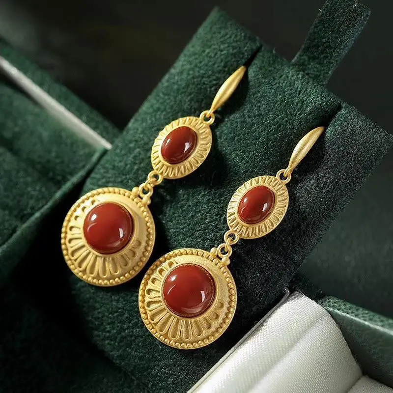 Oblikovalec original novi stari zlato izdelave vdelan južnega rdečega jade uhani elegantne dame nakit